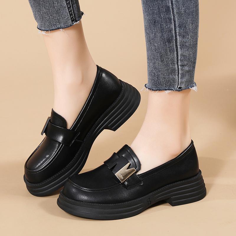 Retro Women Leather Shoes Low-cut Slip-on Loafers Waterproof Ladies Elegant Chunky Shoes for Walking Traveling Non-slip Soft Sole
