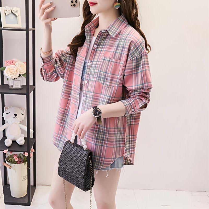 

Осенние клетчатые рубашки, женские блузки и свободная клетчатая женская одежда с длинными рукавами M
