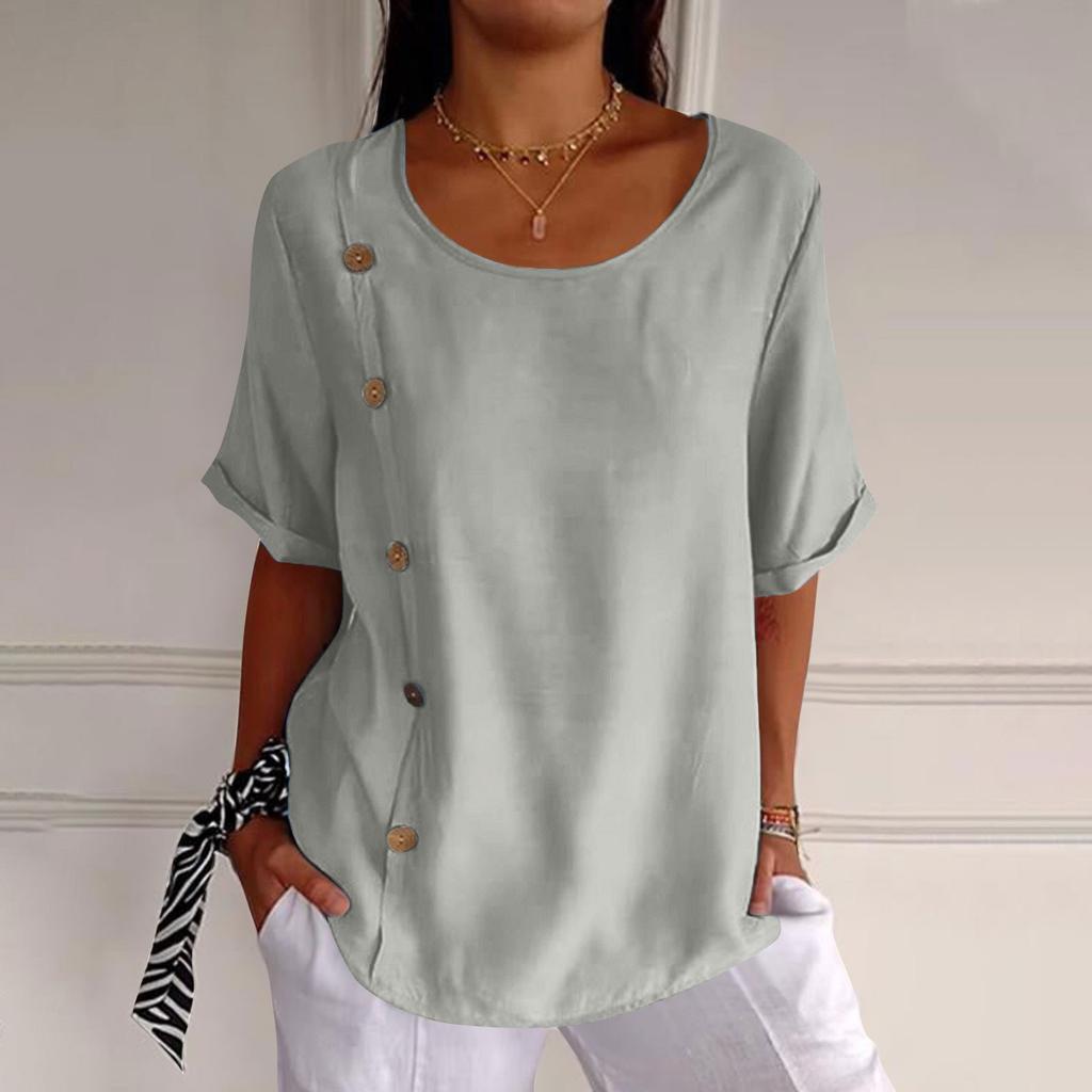 T-shirty z krótkim rękawem i dekoltem w kształcie litery "o" dla kobiet modne topy lekka, miękka, letnia koszula na co dzień z guzikami