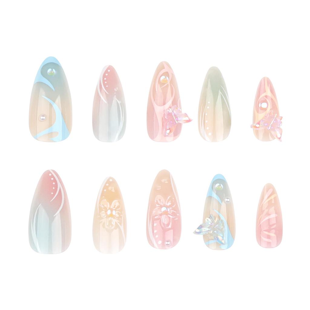 Summer 3D Butterfly Nail Art Almond Press-Ons - Gradient Bubble Bead Design