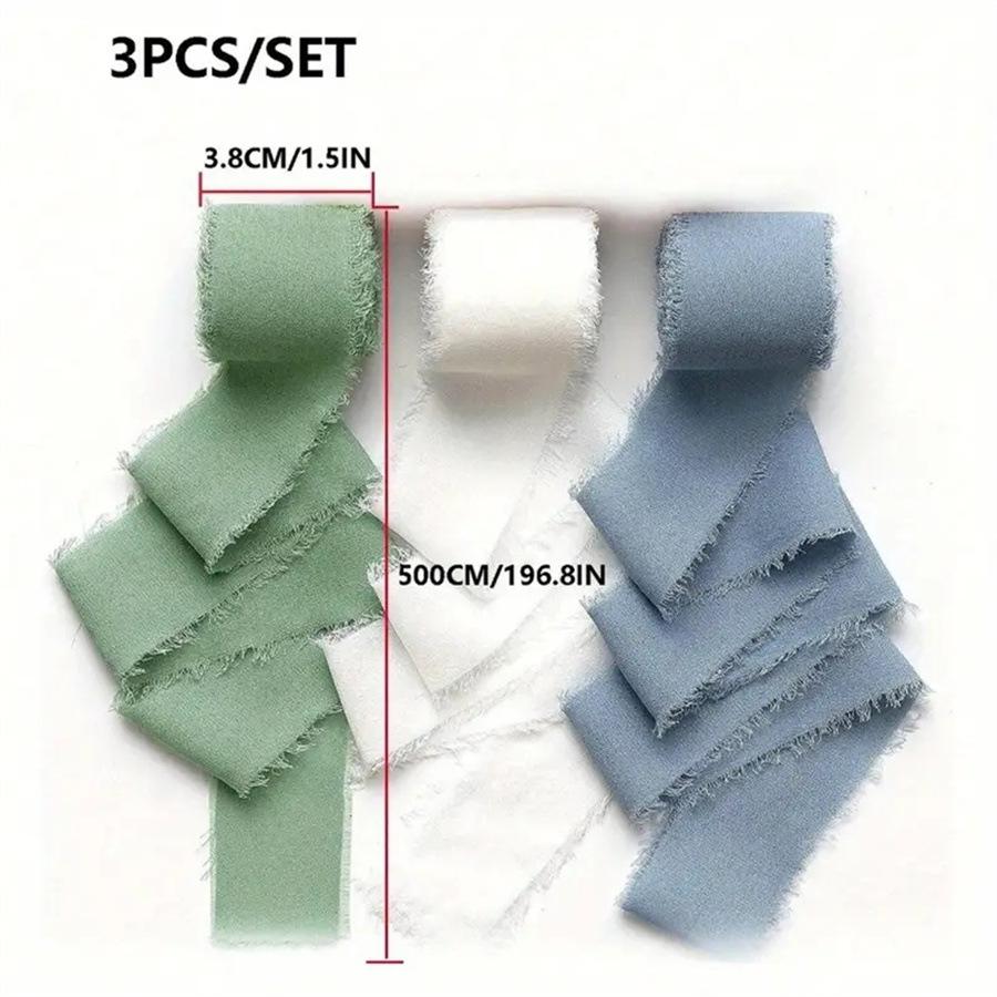 3 Roll/set 5m Frayed Edged Satin Handmade Chiffon Silk Ribbon For Wedding Invitation Bouquets Birthday Party DIY Decoration Gift