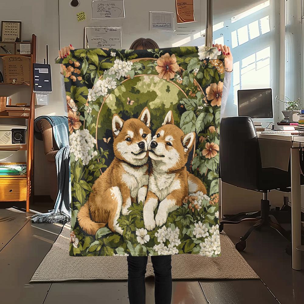 Shiba Inu and Leaves Pattern Flannel Blanket, High Quality Comfortable for All Seasons, Home Decor, Warmth and Comfort, Perfect for Gifts.