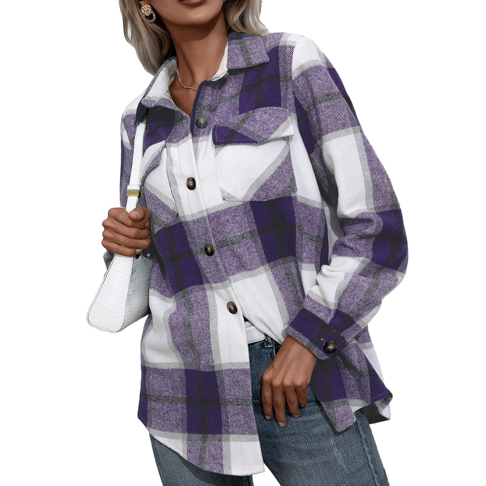 

Женские фланелевые рубашки в клетку с длинными рукавами, топы на пуговицах стандартной посадки, осенняя уличная одежда S фиолетовый