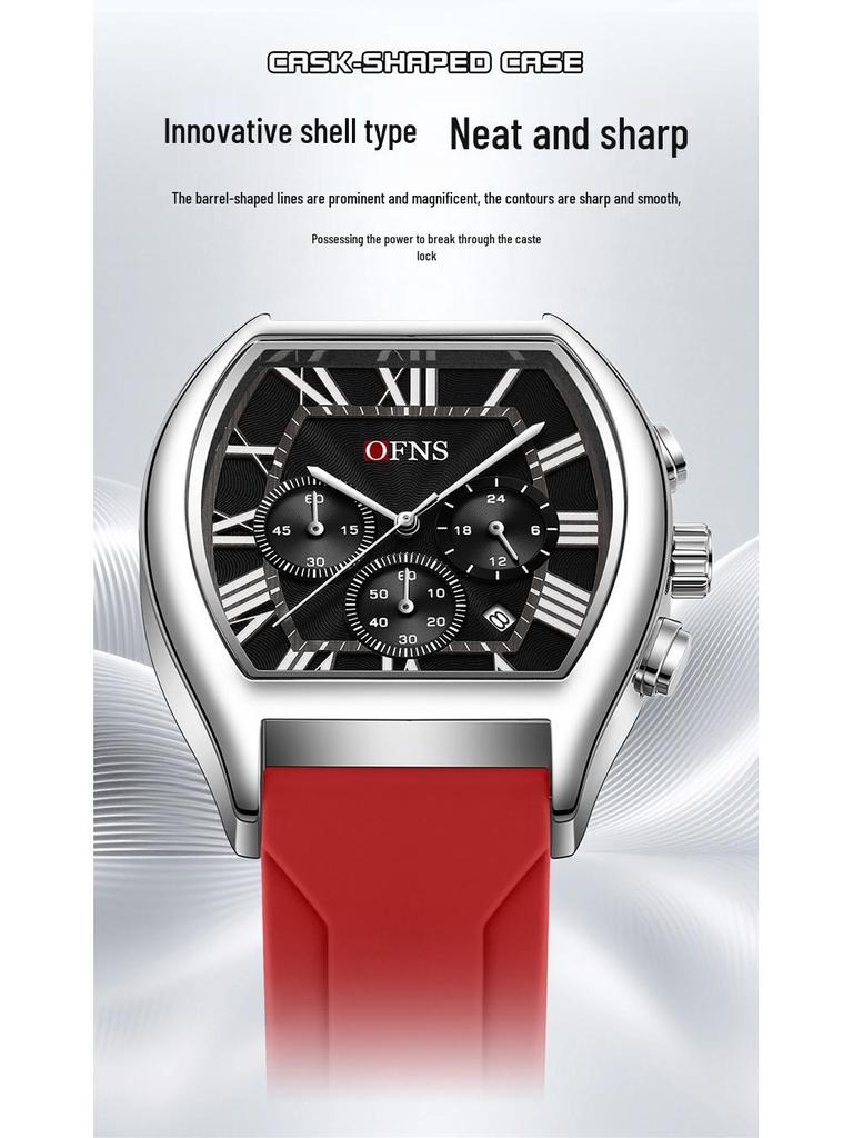 OFNS Men's Barrel-Shaped Waterproof Quartz Watch - Multifunctional Calendar with Three-Eye, Six-Hand Design, Casual Style.