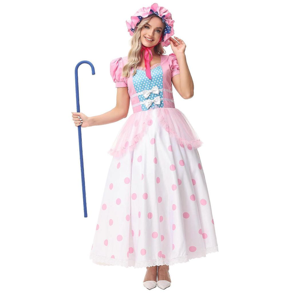 Toy Story Bo Peep Cosplay Costume Pink Polka Dot Dress Halloween Party Adult Role Play Outfit with Hat Crinoline Set