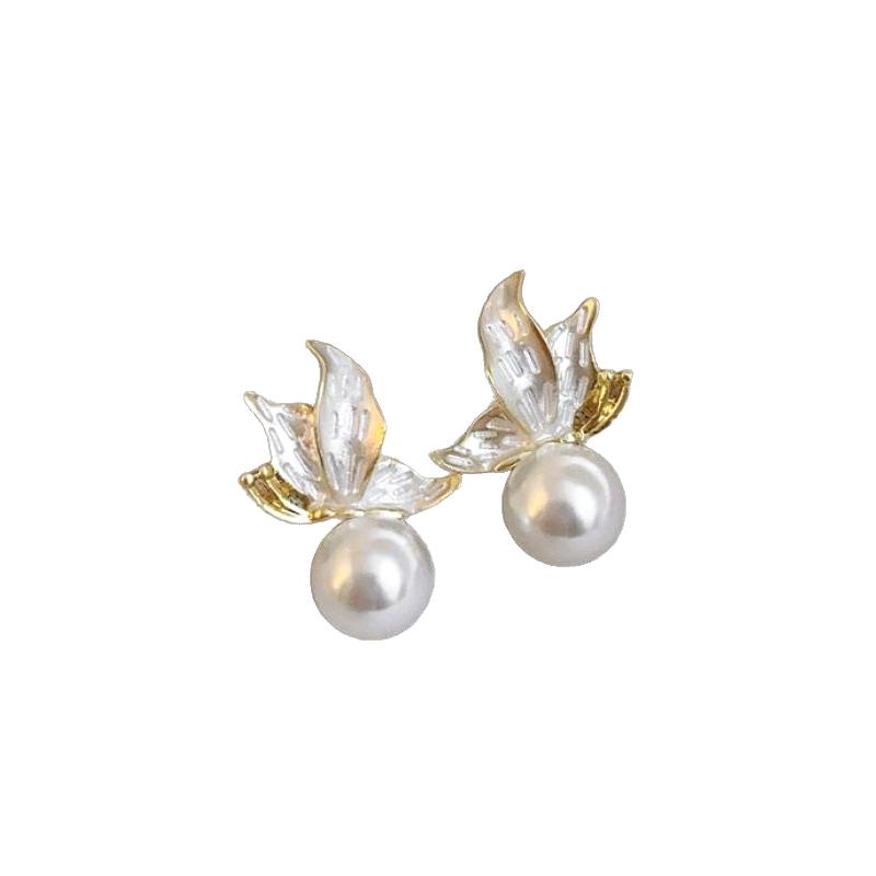 

[HF][HS]1Pc Silver Needle Oil-Drop Leaf Pearl Earrings, Women s Elegant Pearl Stud Earrings Fashion Jewelry Gift