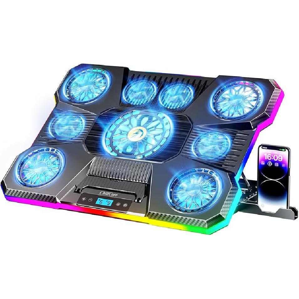 

Охлаждающая подставка для ноутбука ChillCore, Охладитель для ноутбука с RGB-подсветкой, 9 вентиляторов для ноутбуков 15,6-19,3 дюйма, Подставка-кулер для игрового ноутбука с 8 уровнями регулировки высоты, 2 USB синий