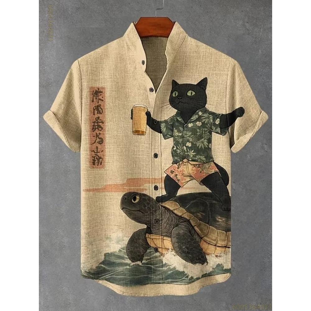 Men's Shirt Fashion Cat Print Short Sleeved Shirt Outdoor Beach Loose Casual Hawaiian Shirt Comfortable Fabric