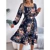 QICED Spring Summer Elegant Flower-patterned, Long-sleeved, Waist-cinched, Ruffled A-line Dress for Women's Wear