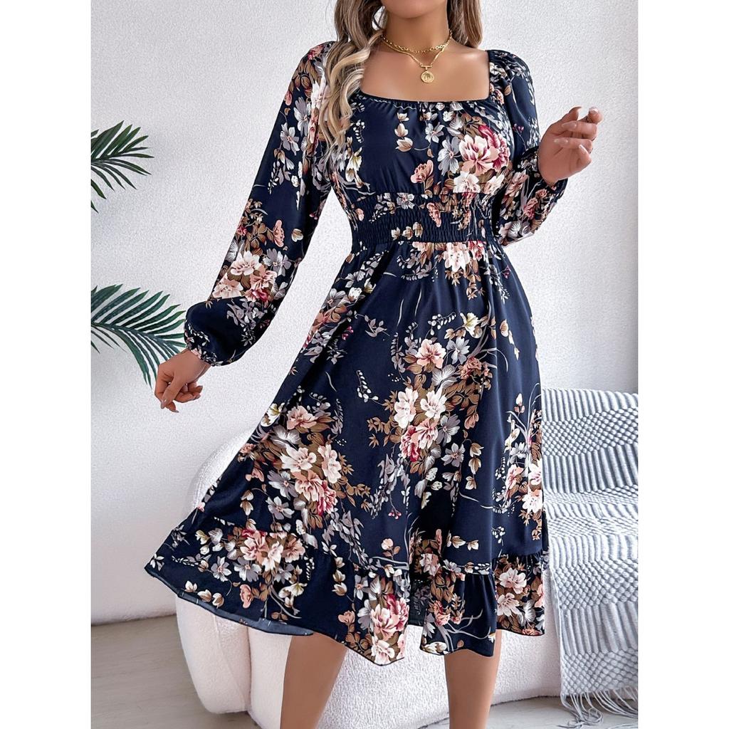 QICED Spring Summer Elegant Flower-patterned, Long-sleeved, Waist-cinched, Ruffled A-line Dress for Women's Wear