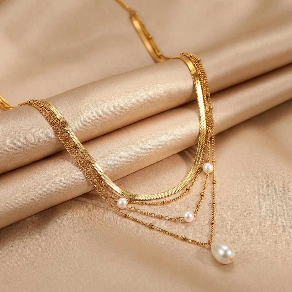 Shein Multilayer Snake Chain Pearl Pendant Necklace - French Style Accessories, Vacuum Electroplated, In Stock