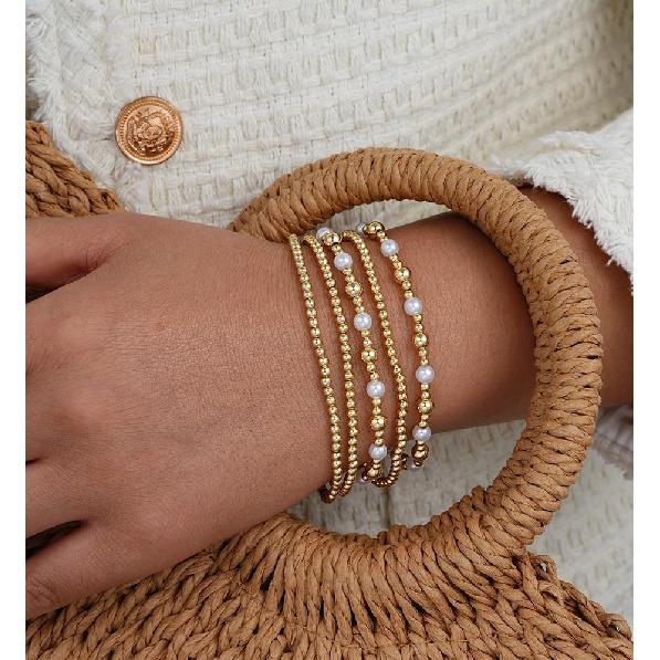 Gold Beaded Bracelets for Women, 14K Real Gold Plated Jewelry for Women Dainty Pearl Bead Bracelets Stack, Non Tarnish Trendy Stackable Ball Cross