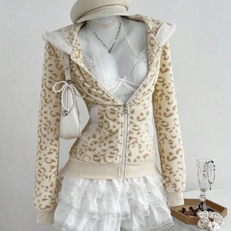 TrendHub Y2k Oblečení Mikiny Dámské Topy Leopard Podzim Zima Retro Mikiny Japonský Styl S Kapucí Sudaderas Mujer