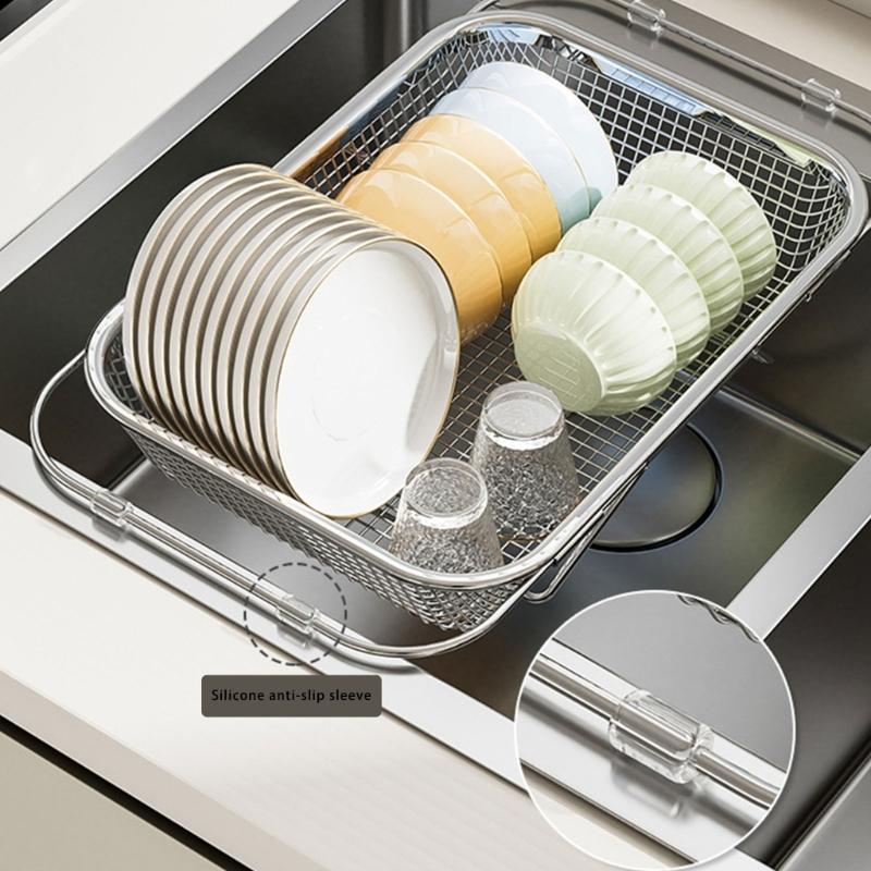 Space Saving Expandable Sink Drainer Basket Stainless Steel Dish Rack Drying Organizers for Kitchen Counter