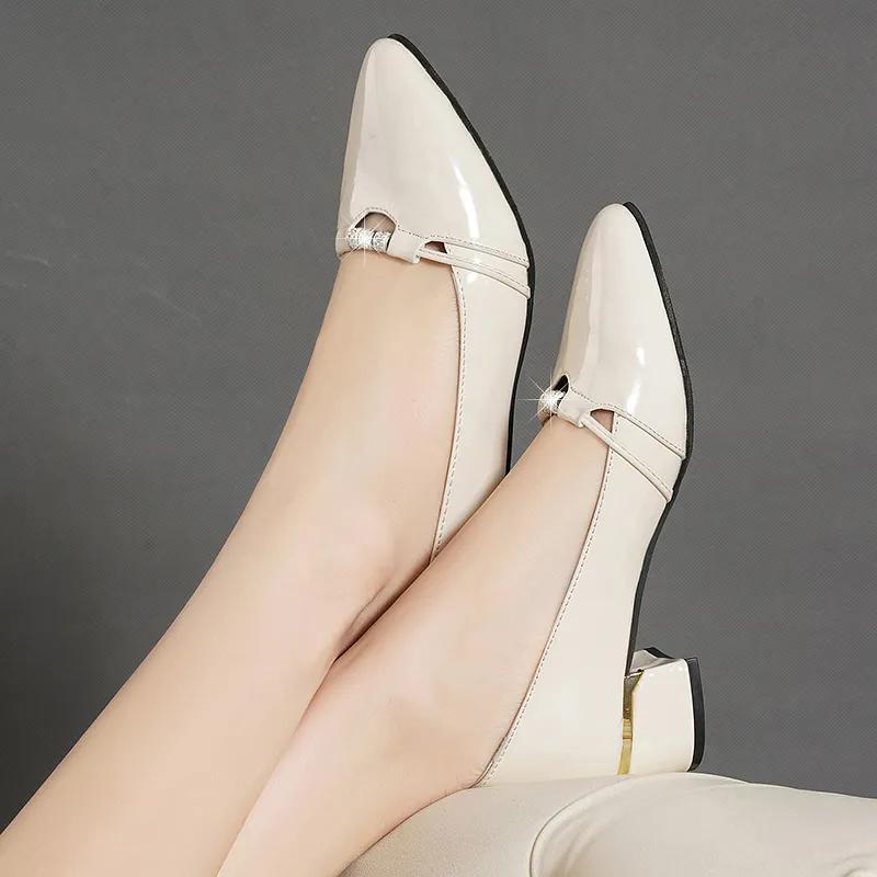 Real Soft Leather Single Shoes Women Spring and Autumn Mesh Breathable Thick Heel Small Leather Shoes British Style Shallow Mouth Work Shoes