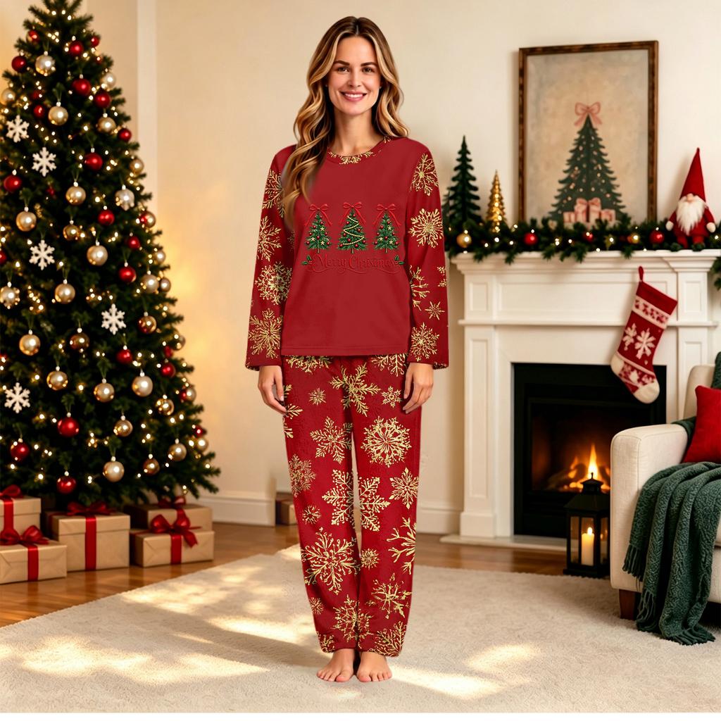Christmas Print Long Sleeve and Pants Matching Family Loungewear Set for Parent and Child