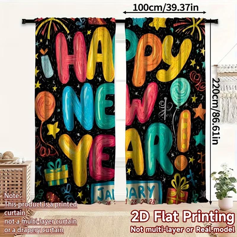 2 Pcs Happy New Year Print Curtains,suitable for Bedroom,living Room Kitchen Decoration,home Decoration,window Curtain