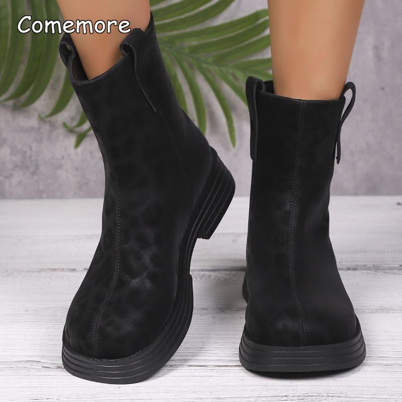 Fashion Women Round Toe Short Boots Autumn Winter Retro Leopard Women's New Size 36-42 Back Zip Ankle Booties Botas Para Mujer Fashion