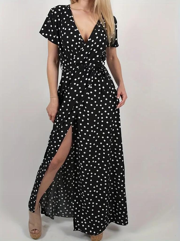 Stylish and sexy V-neck polka dot round neck waist split short-sleeved dress Bohemian long dress