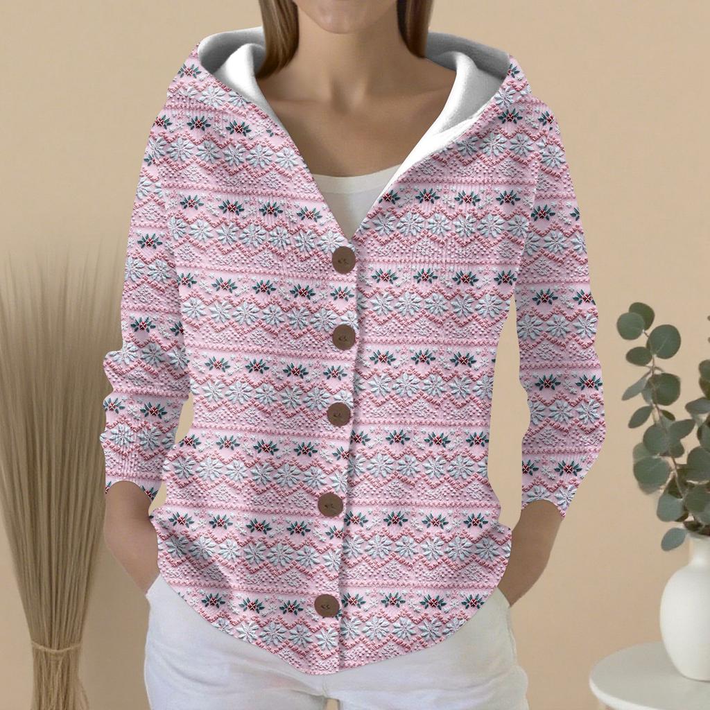 Women's Fashion Casual Sweater Button-Up Print Cardigan  Hooded Jacket