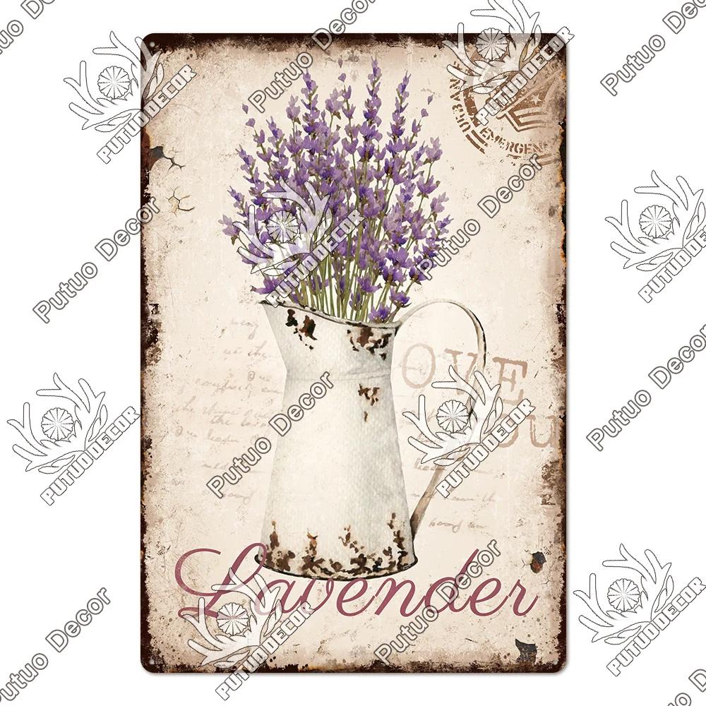 Putuo Decor Lavendel Metallskyltar Plåtposter Metall Vintage Solros Skyltar Retro Blomma Plåtskylt Tusensköna Väggdekor för Hem Trädgård