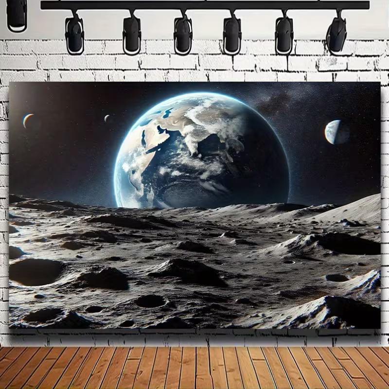 Wall Hanging with a Realistic Moon Surface, Including Craters, and a Large View of Earth