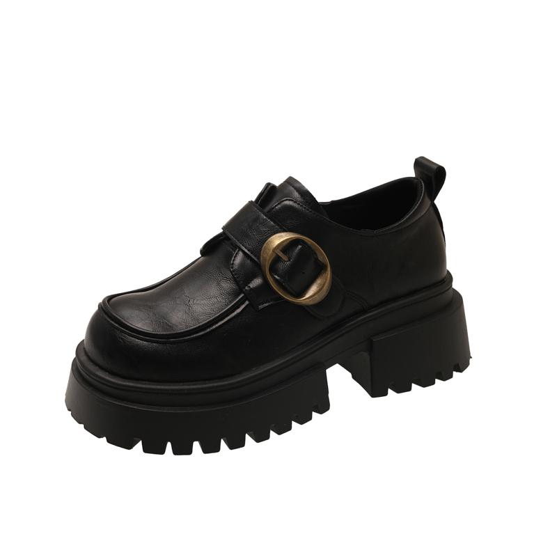 Fashion Square Heel Loafers Autumn New Round Toe Deep Mouth Metal Buckle Platform Non-slip Single Shoes