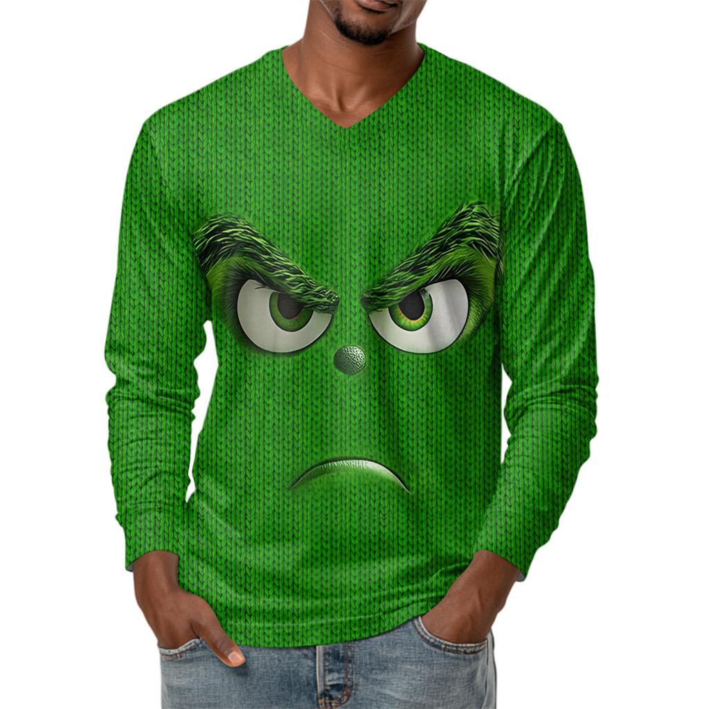 Men's Fashion Printed V-Neck Casual Long-Sleeved T-Shirt Bottoming Shirt Top