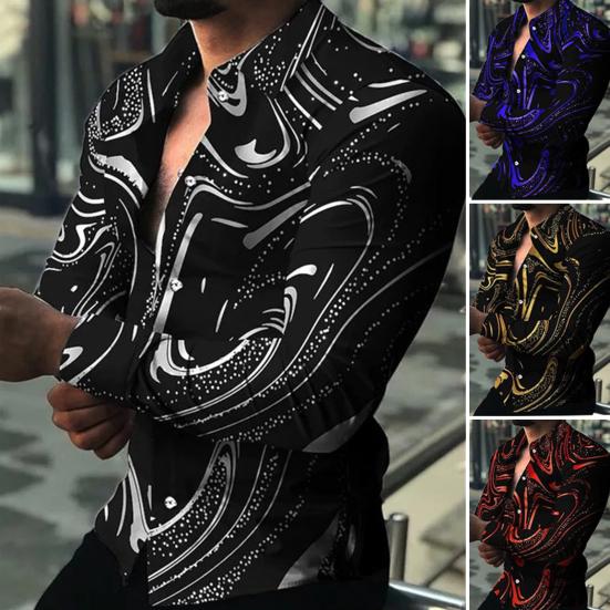 Men Shirt Long Sleeve Turn-down Collar Colorful Print Single-breasted Summer Top Men Clubwear