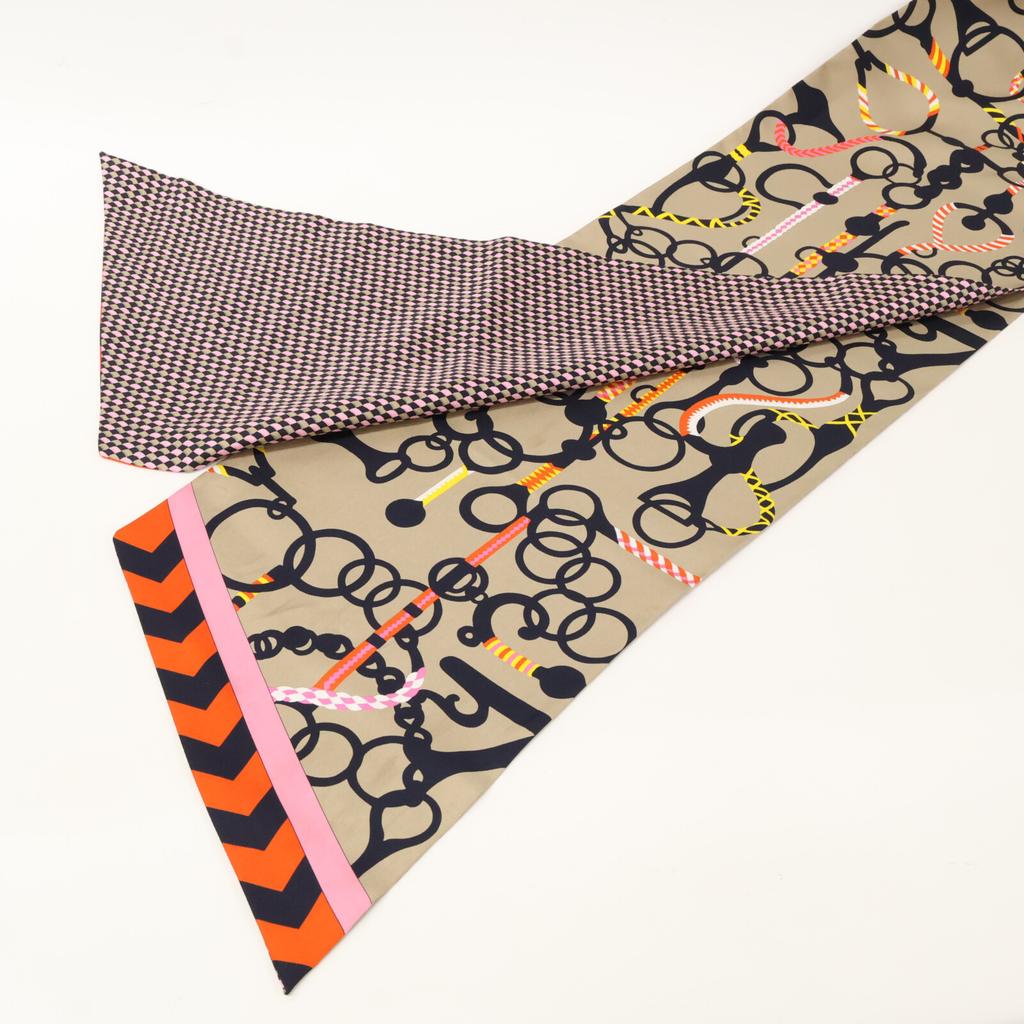 Hermes [Excellent Condition] 093267S 04 Mors Et Tresses Silk Maxi Twilly Cut Scarf Beige/Black/Rose VifUsed