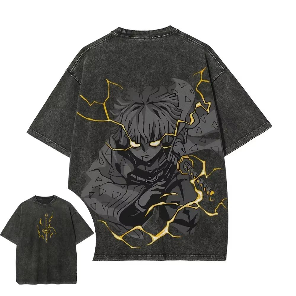 Demon Slayer Men's Women's Washed T-Shirt Retro Washed T-shirt Summer Unisex Loose and Breathable Cotton T-shirt Top