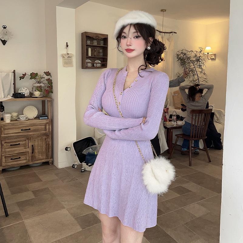 

Korean Style Purple Knitted Dress with Waist-Cinching - Women s Autumn/Winter Chic Small
