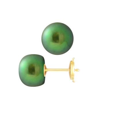 Brincos - - Pérolas de Água Doce Genuínas 9-10 mm - Verde Intenso - Ouro Amarelo 9 Quilates - AAA+