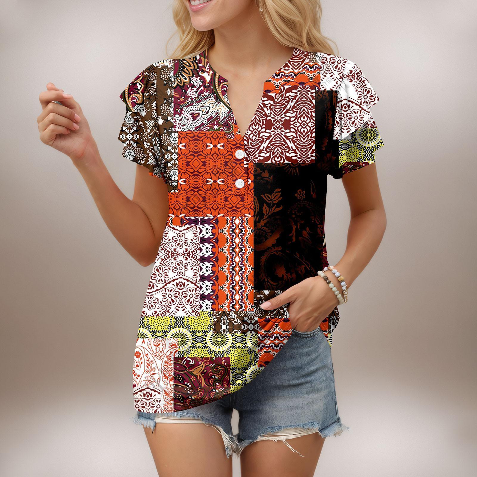 

Женский повседневный топ с короткими рукавами, застегивающийся на пуговицы и V-образным вырезом, с градиентными оборками и принтами S киноварь