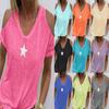 Women V Neck Star Print Cold Shoulder Short Sleeve T Shirt Casual Loose Fit Top for Summer Daily Wear