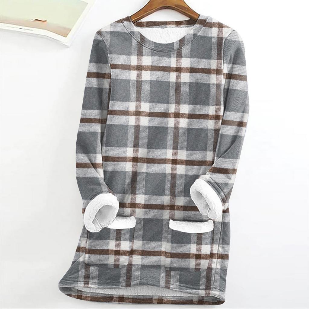 Women's Fashion Plaid Print Round Neck Long Sleeve Plush Winter Warm Pullover Top