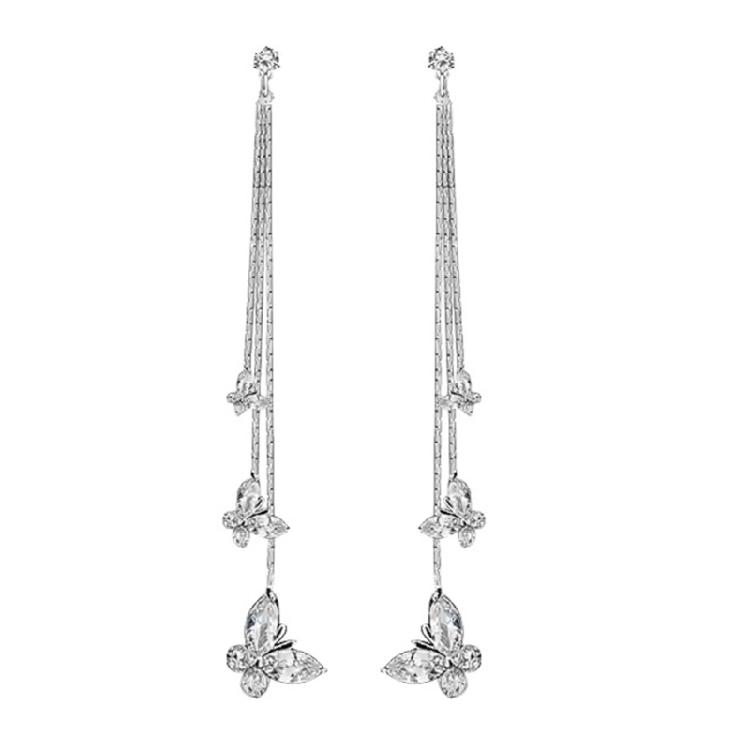 Shimmering Tassels Earrings Featuring 3 Crystal Butterflies Allergy Resistant Zinc Alloy Jewelry For Gift Giving