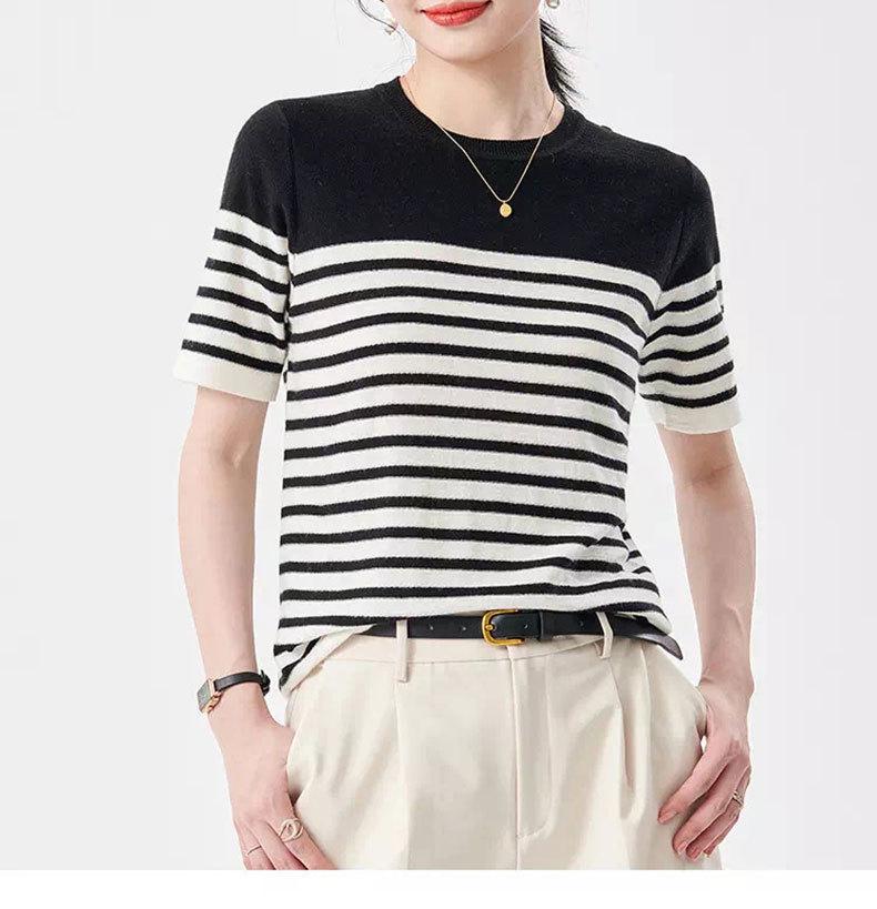 

Женский винтажный полосатый трикотажный свитер-футболка с коротким рукавом и круглым вырезом, шерсть, 2025 S