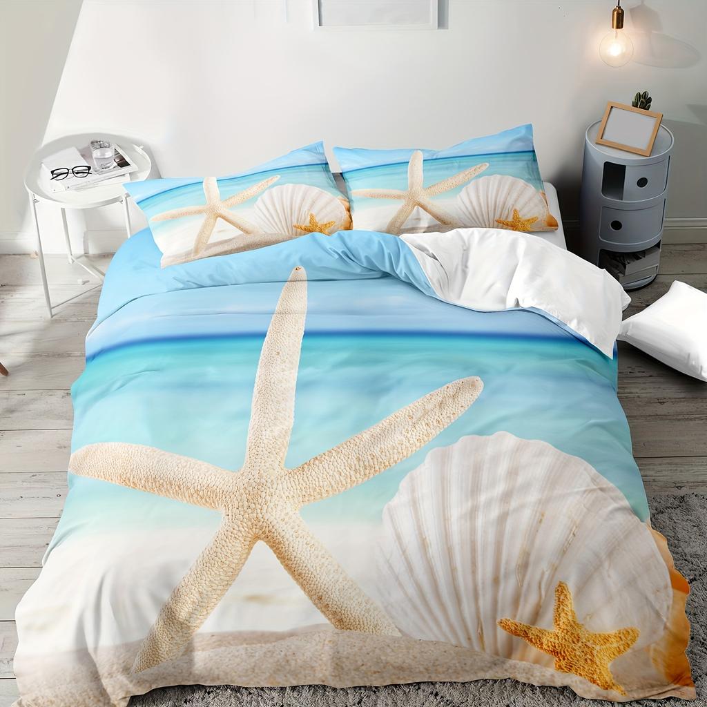 2/3Pcs Beach-Themed Bedding Set With Starfish & Seashell Print - Machine Washable, Zipper Closure, Polyester, All-Season