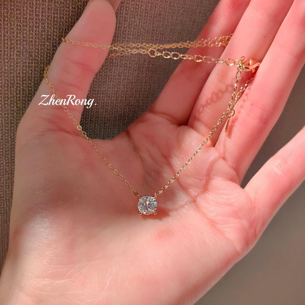 

Champagne Gold Necklace 2 Carat Mini Single Zirconia Pendant 4 Prongs Clavicle Chain for Women