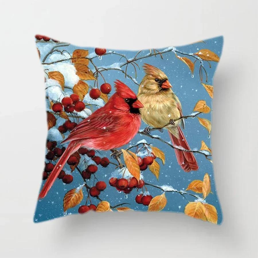 Cute Bird And Flower Pattern Double-Sided Printed Pillow Cover Short Plush Suitable Living Rooms Bedrooms Throw Cushion Cover