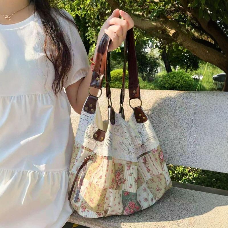 New vintage floral splicing shoulder bag lace lace large capacity cloth bag commuting versatile retro bag