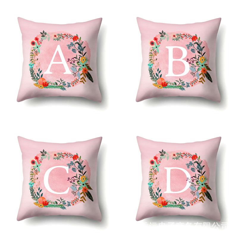 Polyester Pillowcase Pink Flower Home Decoration Print 26 English Letter Cushion Pillowcase