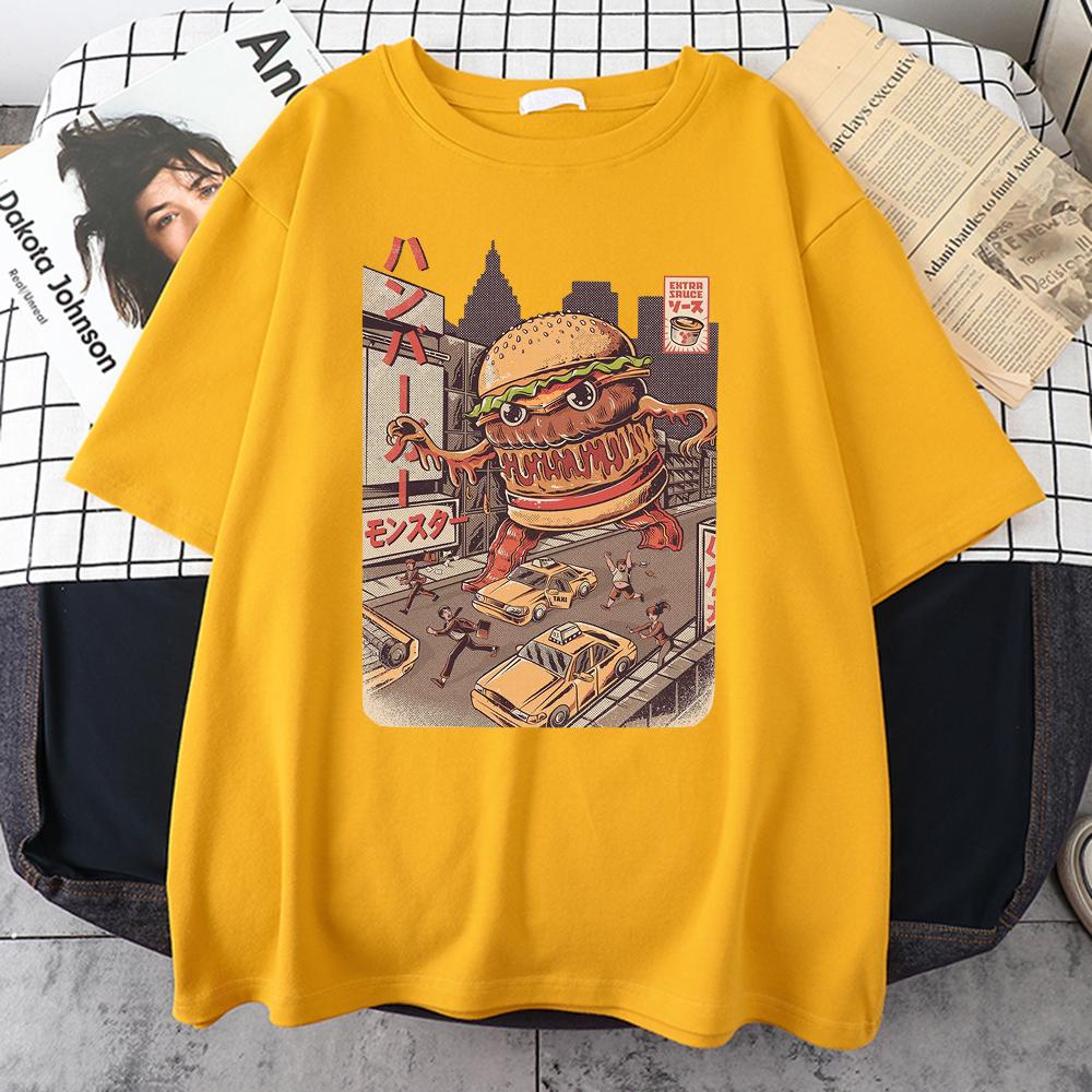Ukiyoe Japanischer Stil Burgerzilla Herren Baumwoll-T-Shirts Japanisches Harajuku Freizeit-Oberteil Übergröße Kleidung Herren Kurzarm