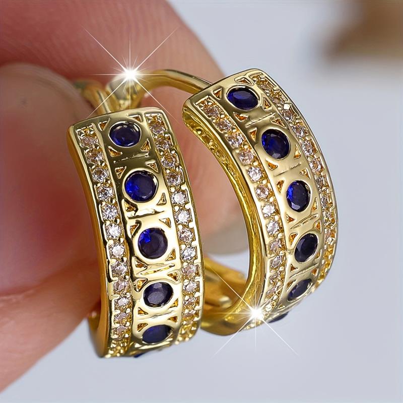 Huitan Noble Women Gold Color Hoop Earrings Inlaid Shiny Blue CZ Bohemian Style Party Lady Accessories Gentle Fashion Jewelry