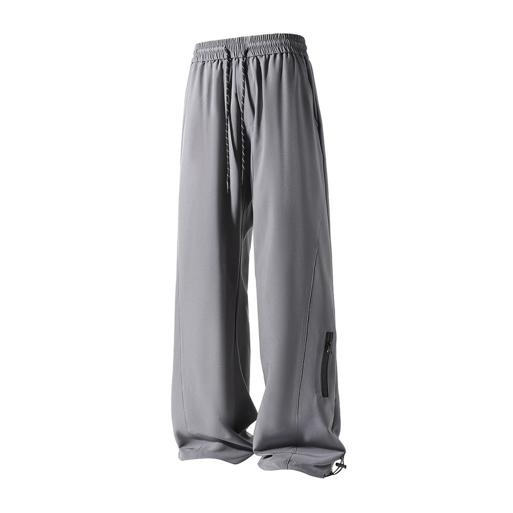 Summer Men's Ice silk Waterproof Pants Casual Zipper Can Tie Feet Solid Straight Elastic Waist Trousers Loose Daily Pants 5XL