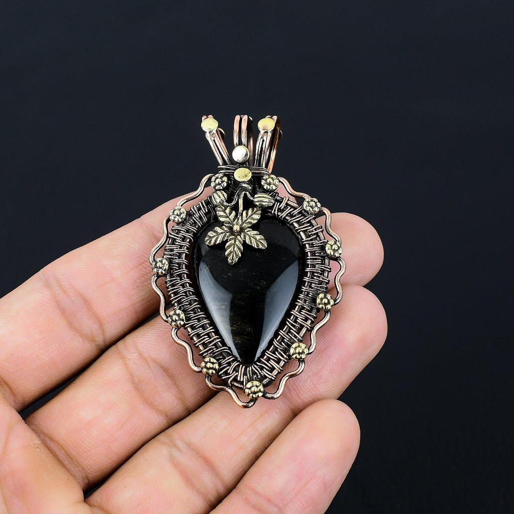 Black Onyx Gemstone Handmade Jewelry Pure Copper Wire Wrapped Pendant