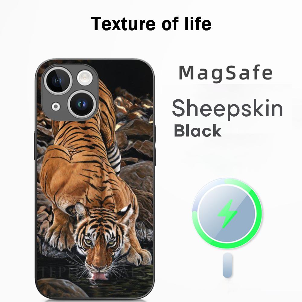 Japanese Tiger Art fashion design Phone Case For iPhone 16 15 14 13 12 11 Plus Pro Max  High-end Luxury Magsafe Sheepskin