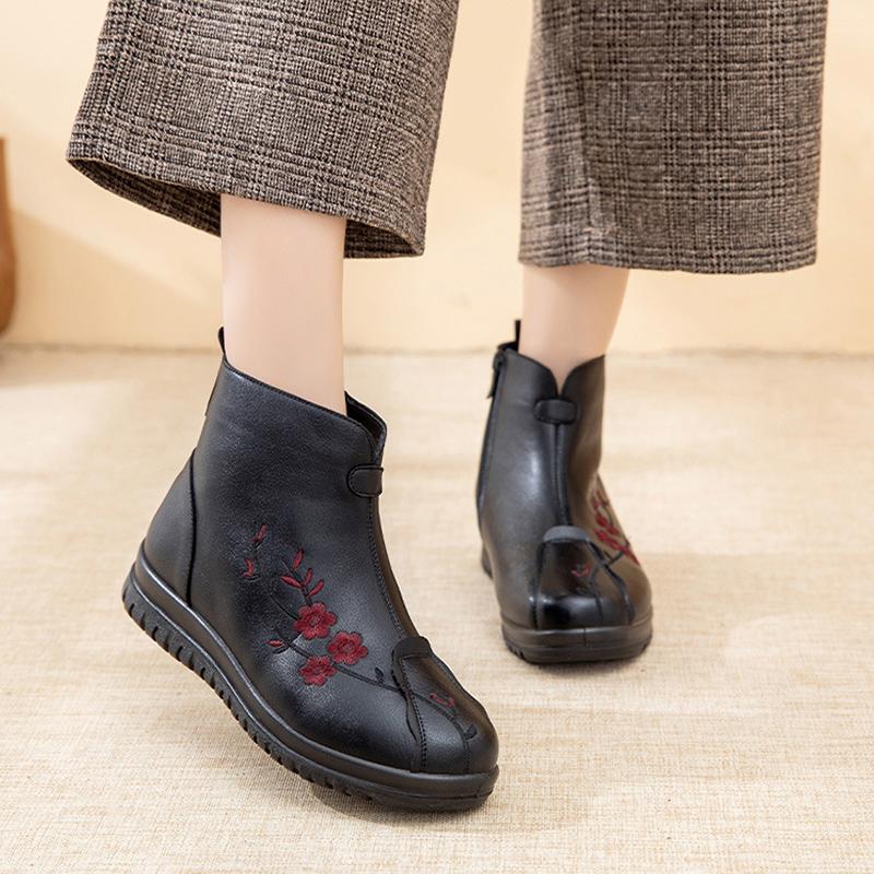 Genuine Leather Winter Shoes Women Snow Boots Flowers Warm Plush Flat Non-slip Mother Shoes Plus Size 42 Soft Black Ankle Boots