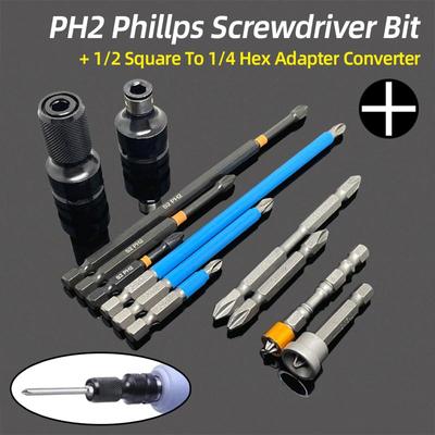 PH2 Kreuzschlitz-Schraubendreher-Bits Magnetisch 50/100/150mm Handwerkzeug 1/2” Vierkant auf 1/4” Sechskant Schraubenschlüssel Stecknuss-Adapter Konverter